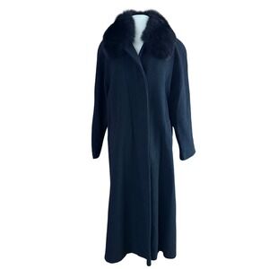 Vintage Women's sz 8 Black Long Wool Coat Genuine Fox Fur Trim Union Made Luxury